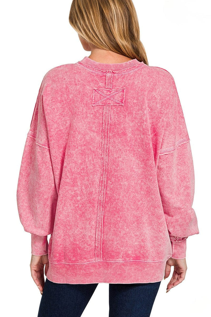 Zenana Halo Wash French Terry Front Pocket Sweatshirt