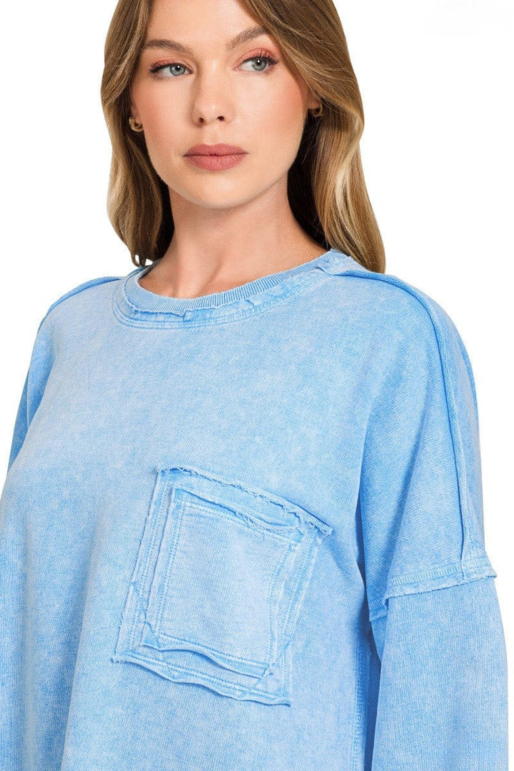 Zenana Halo Wash French Terry Front Pocket Sweatshirt