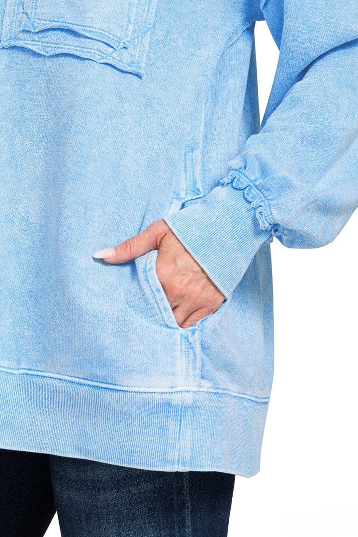 Zenana Halo Wash French Terry Front Pocket Sweatshirt