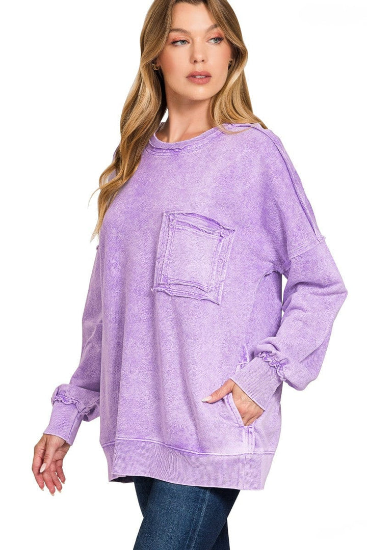 Zenana Halo Wash French Terry Front Pocket Sweatshirt