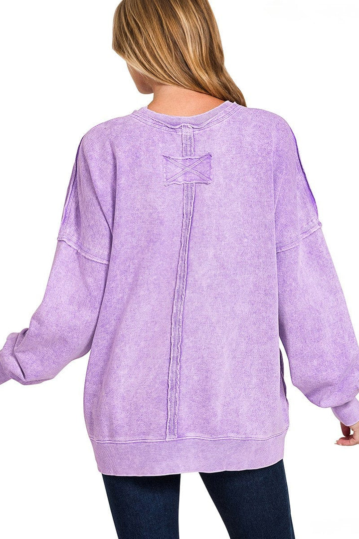 Zenana Halo Wash French Terry Front Pocket Sweatshirt