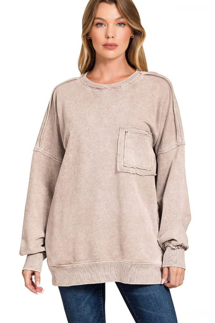 Zenana Halo Wash French Terry Front Pocket Sweatshirt