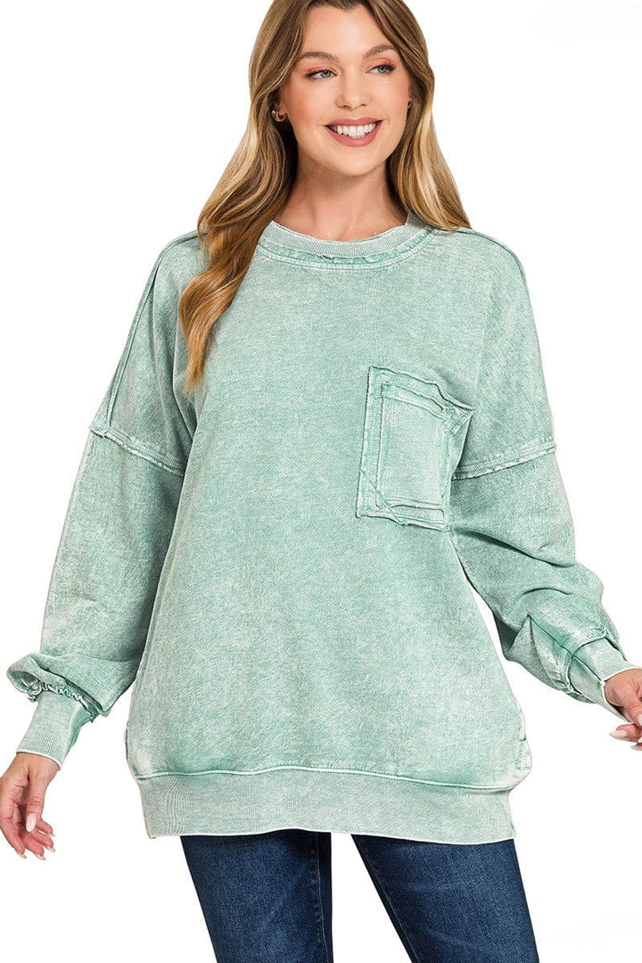 Zenana Halo Wash French Terry Front Pocket Sweatshirt