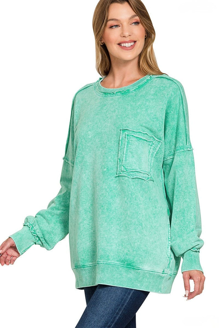 Zenana Halo Wash French Terry Front Pocket Sweatshirt