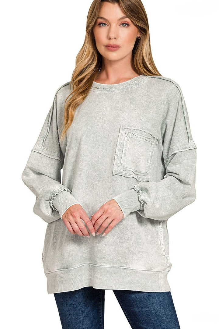 Zenana Halo Wash French Terry Front Pocket Sweatshirt