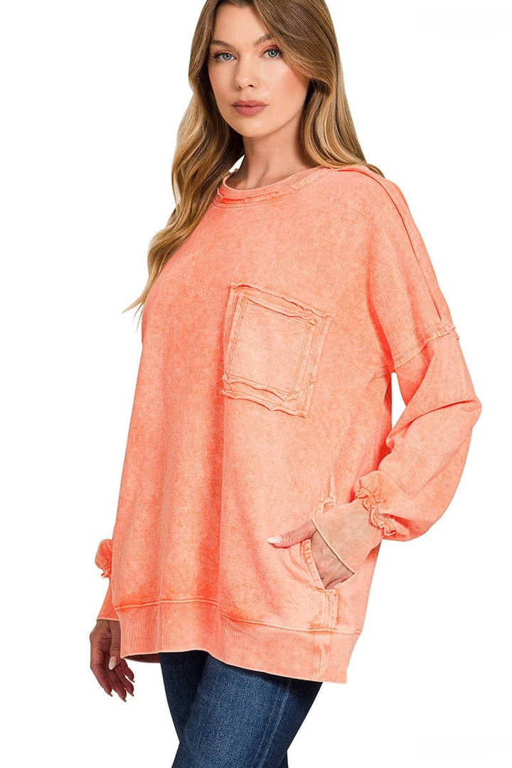 Zenana Halo Wash French Terry Front Pocket Sweatshirt