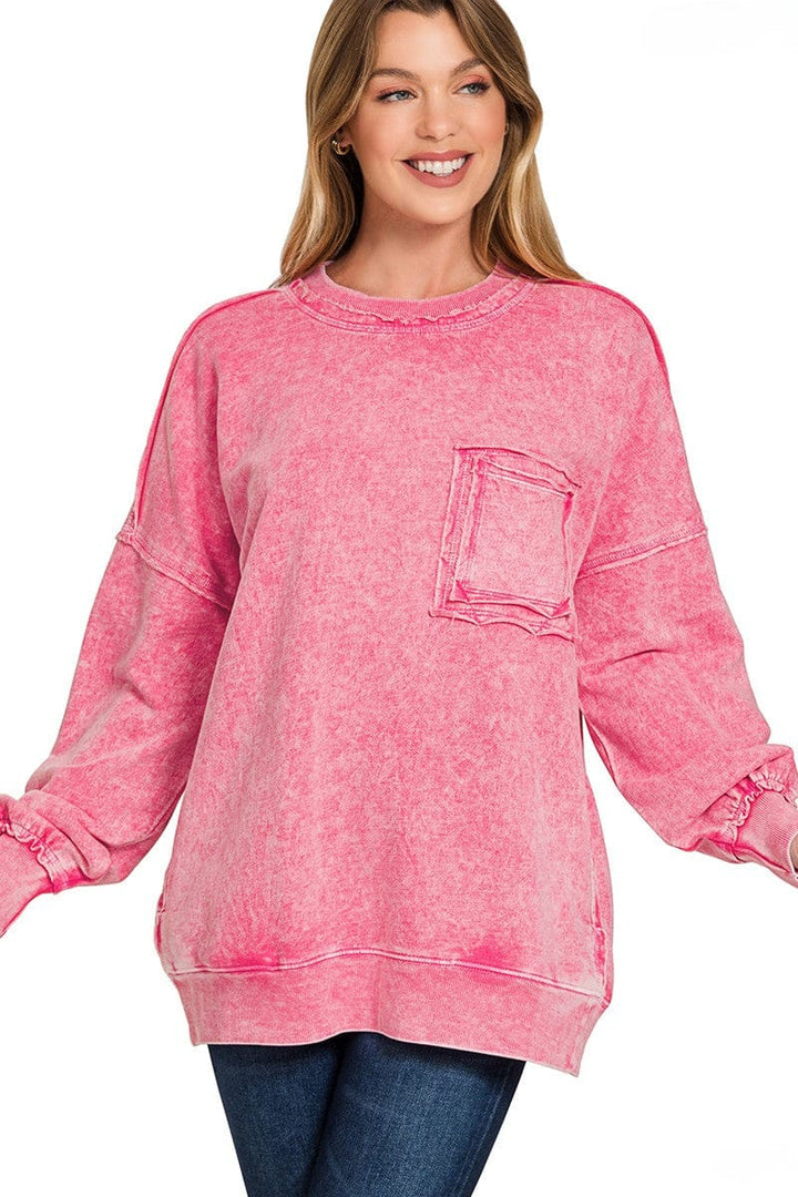 Zenana Halo Wash French Terry Front Pocket Sweatshirt
