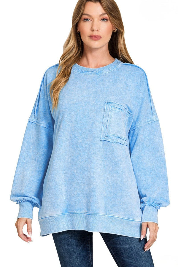Zenana Halo Wash French Terry Front Pocket Sweatshirt