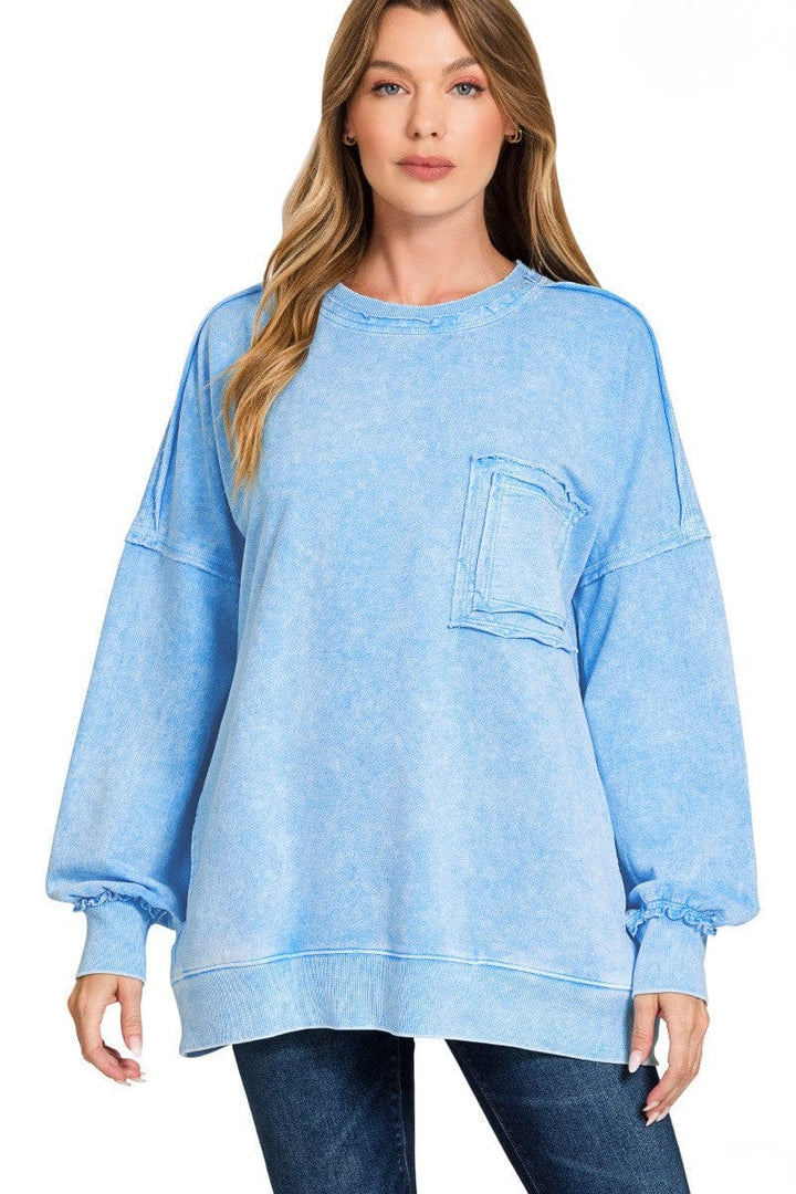 Zenana Halo Wash French Terry Front Pocket Sweatshirt