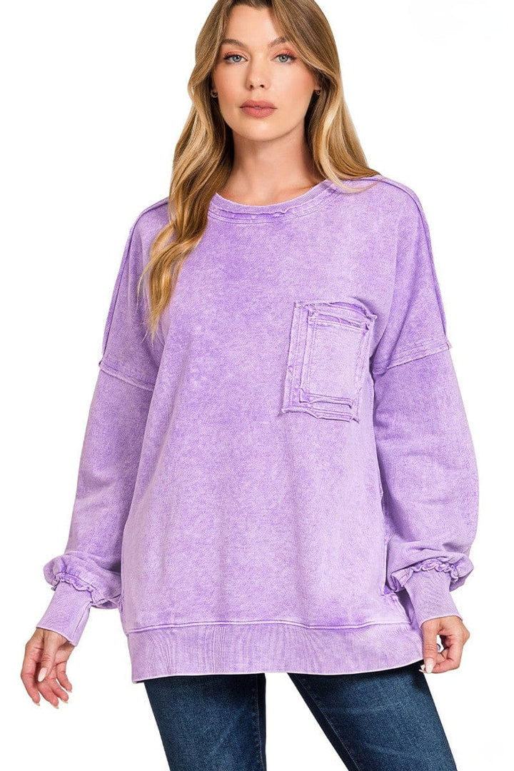 Zenana Halo Wash French Terry Front Pocket Sweatshirt