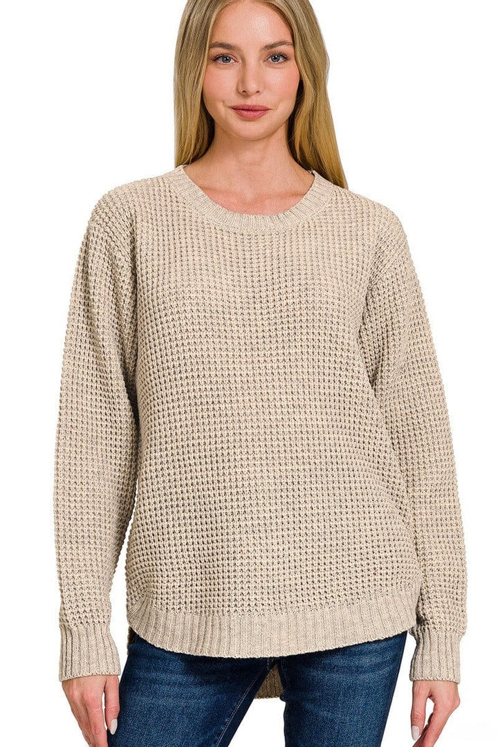 Zenana Hi-Low Long Sleeve Round Neck Waffle Sweater