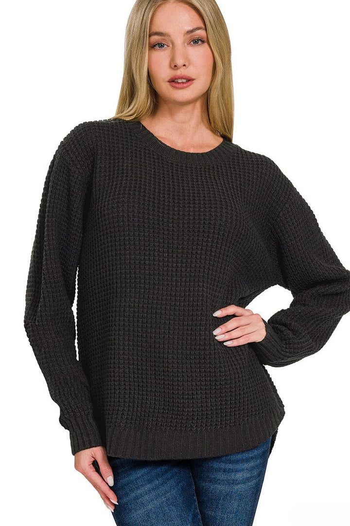 Zenana Hi-Low Long Sleeve Round Neck Waffle Sweater