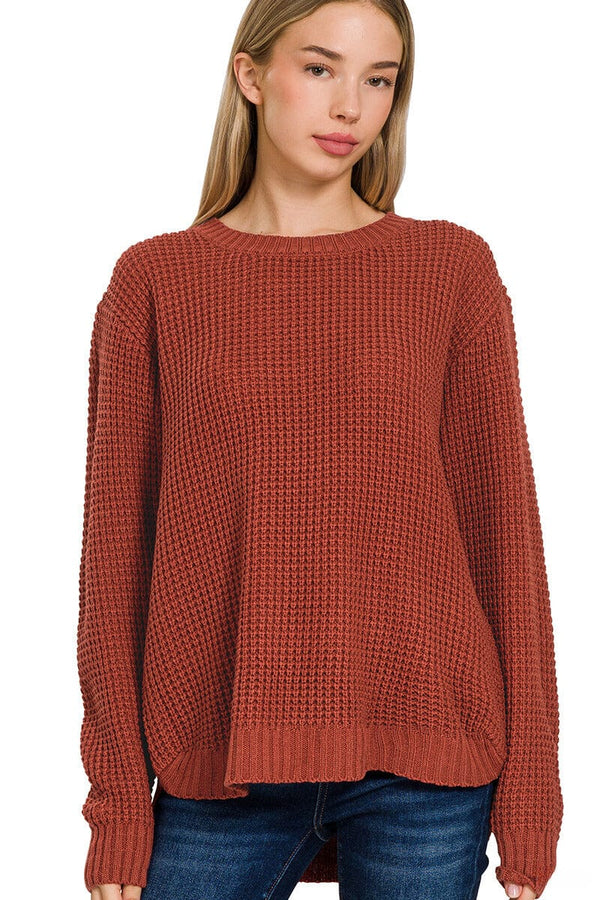 Zenana Hi-Low Long Sleeve Round Neck Waffle Sweater