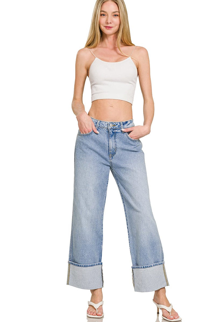 Zenana High Rise Cuffed Hem Wide Leg Relaxed Denim Jeans