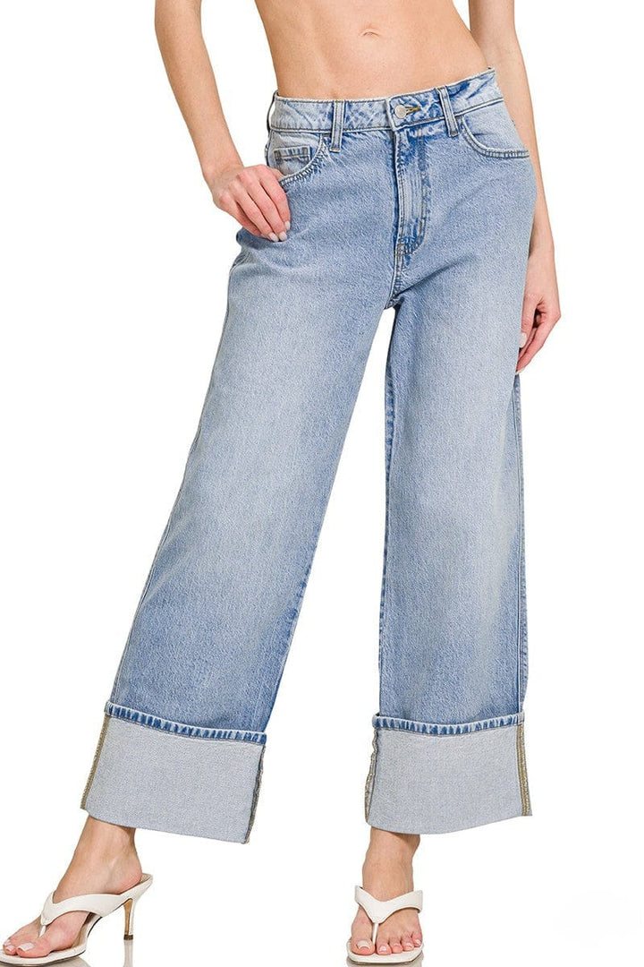 Zenana High Rise Cuffed Hem Wide Leg Relaxed Denim Jeans