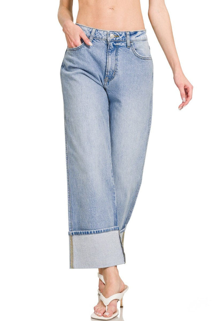 Zenana High Rise Cuffed Hem Wide Leg Relaxed Denim Jeans