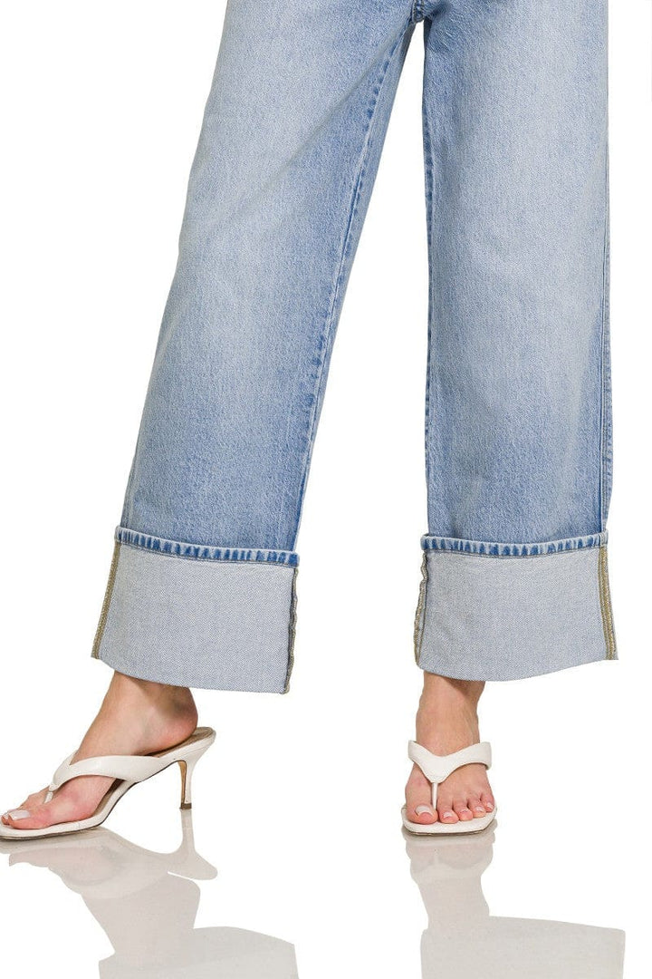 Zenana High Rise Cuffed Hem Wide Leg Relaxed Denim Jeans