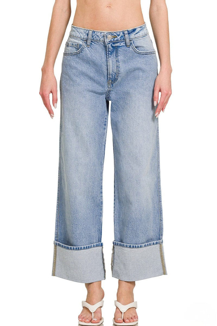 Zenana High Rise Cuffed Hem Wide Leg Relaxed Denim Jeans