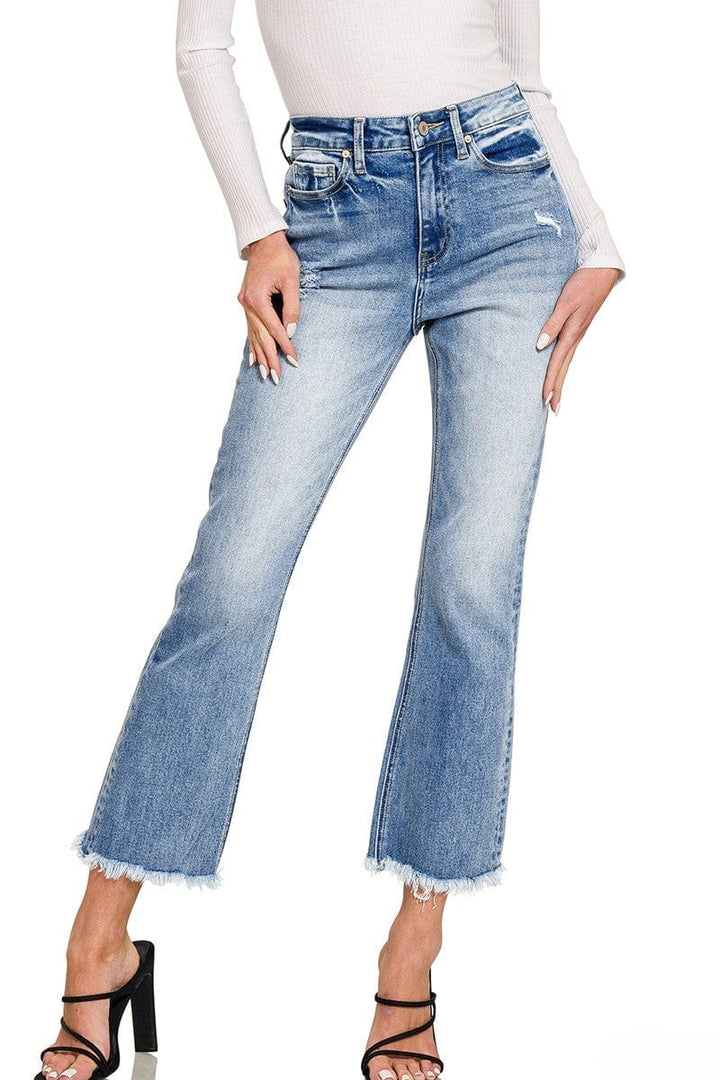 Zenana High Rise Straight Cropped Leg Raw Hem Jeans