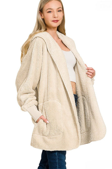 Zenana Hooded Faux Fur Jacket with Pockets
