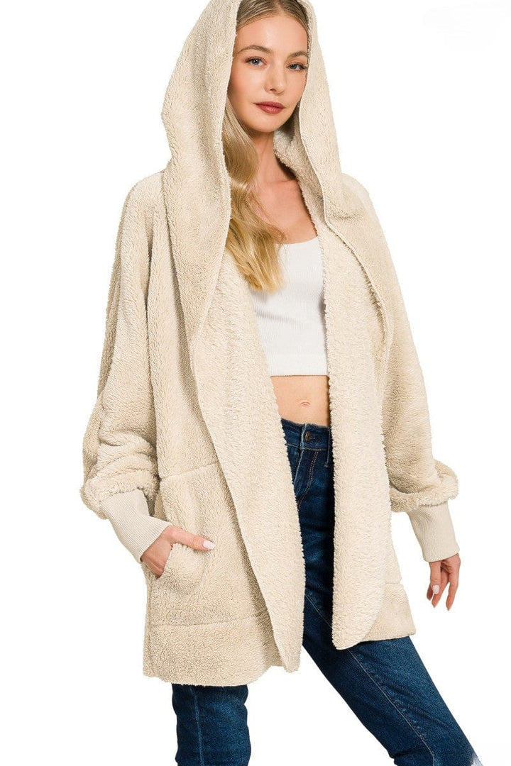 Zenana Hooded Faux Fur Jacket with Pockets