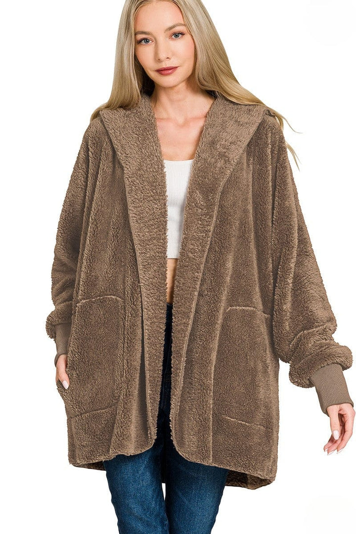 Zenana Hooded Faux Fur Jacket with Pockets