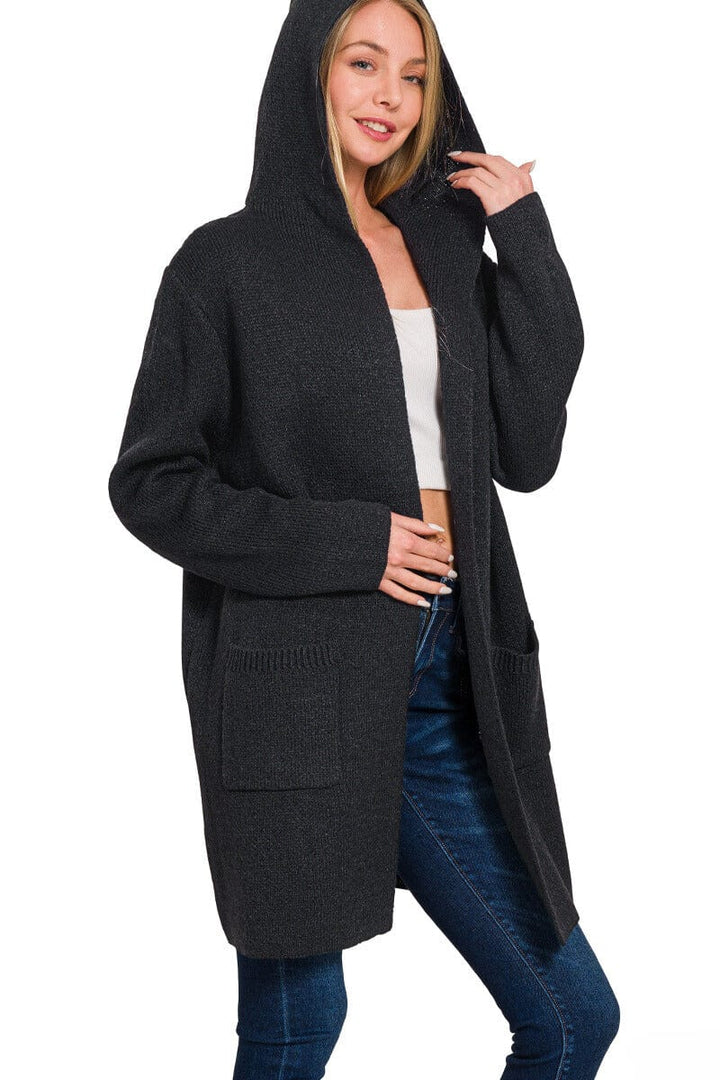 Zenana Hooded Open Front Sweater Cardigan with Pockets