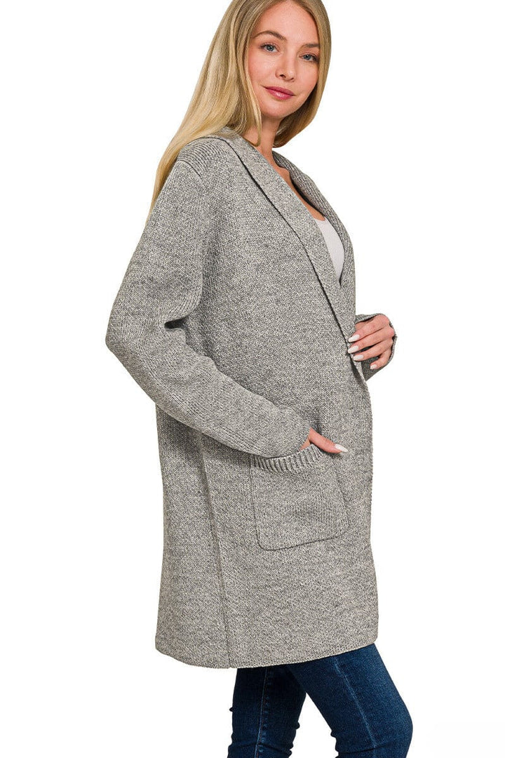 Zenana Hooded Open Front Sweater Cardigan with Pockets