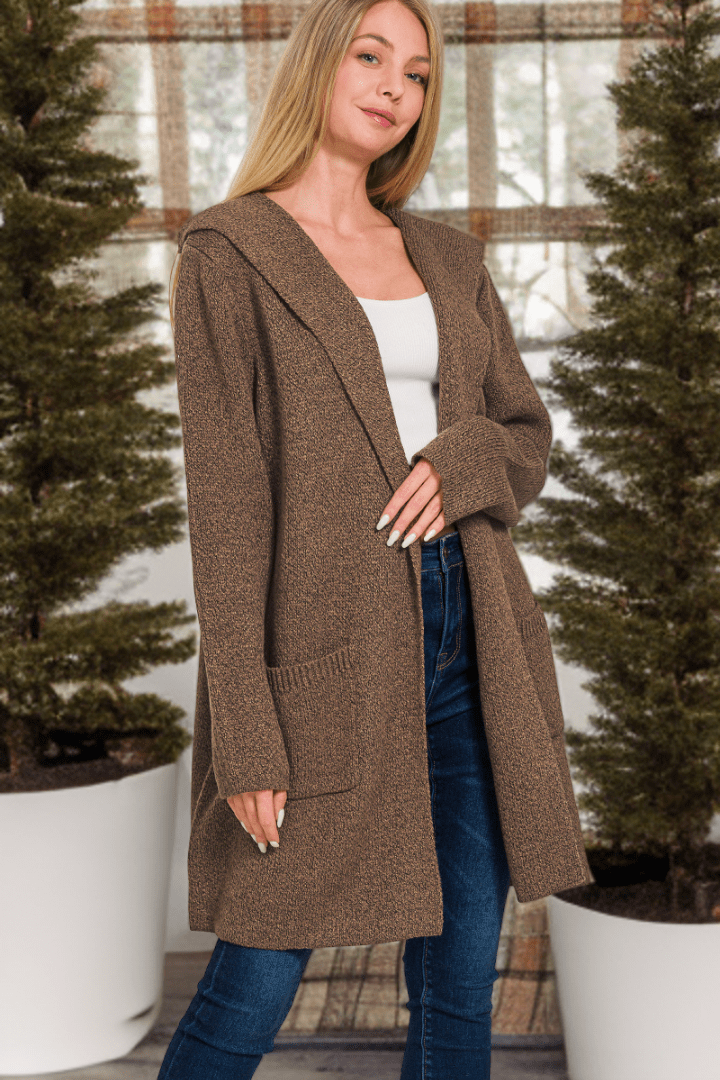 Zenana Hooded Open Front Sweater Cardigan with Pockets