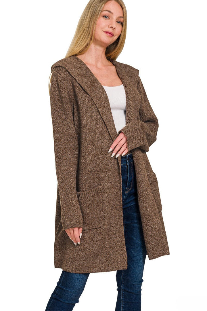 Zenana Hooded Open Front Sweater Cardigan with Pockets