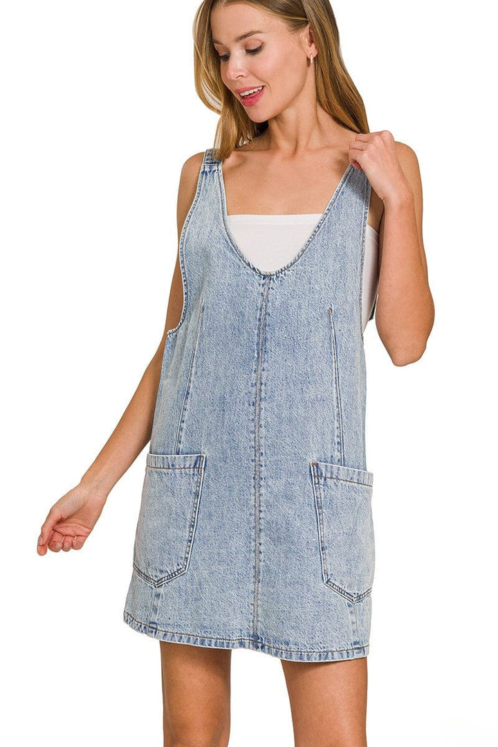Zenana Large Front Pocket Adjustable Buckle Straps Short Denim Overall Dress