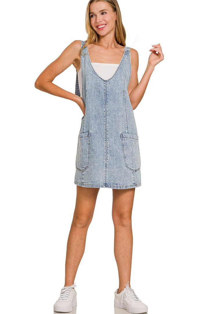 Zenana Large Front Pocket Adjustable Buckle Straps Short Denim Overall Dress