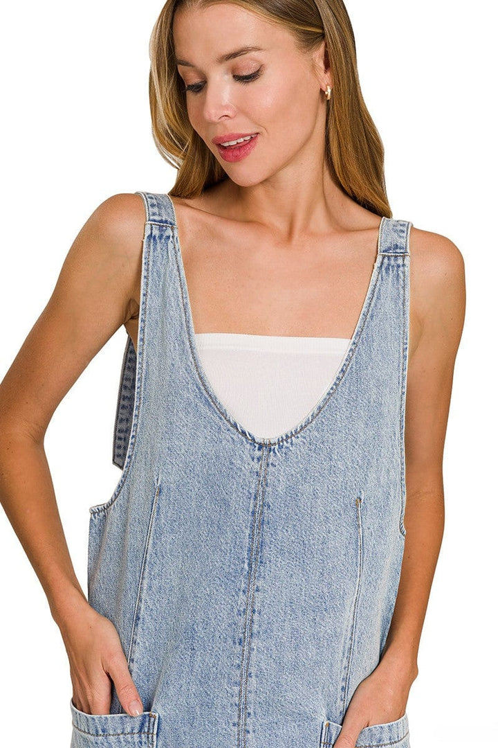 Zenana Large Front Pocket Adjustable Buckle Straps Short Denim Overall Dress