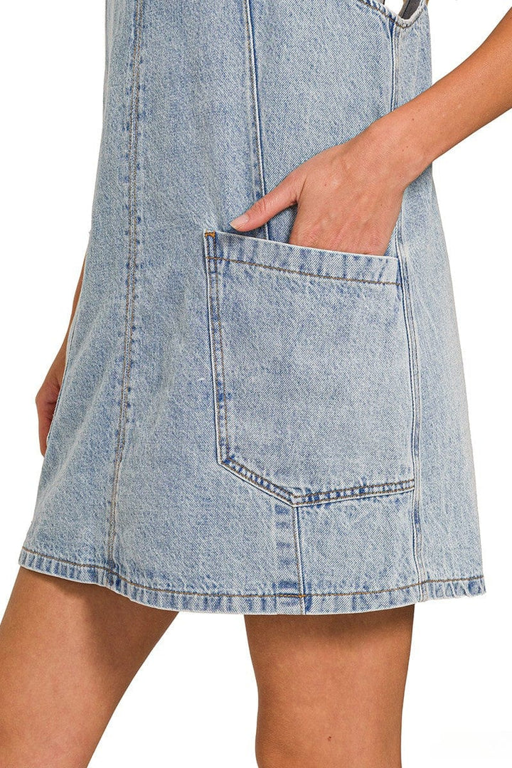 Zenana Large Front Pocket Adjustable Buckle Straps Short Denim Overall Dress
