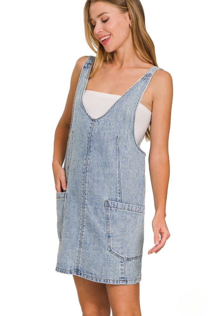 Zenana Large Front Pocket Adjustable Buckle Straps Short Denim Overall Dress