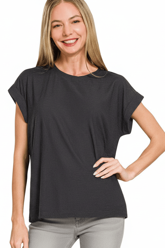 Zenana Lightweight Slub Basic Cuffed Sleeve Tee