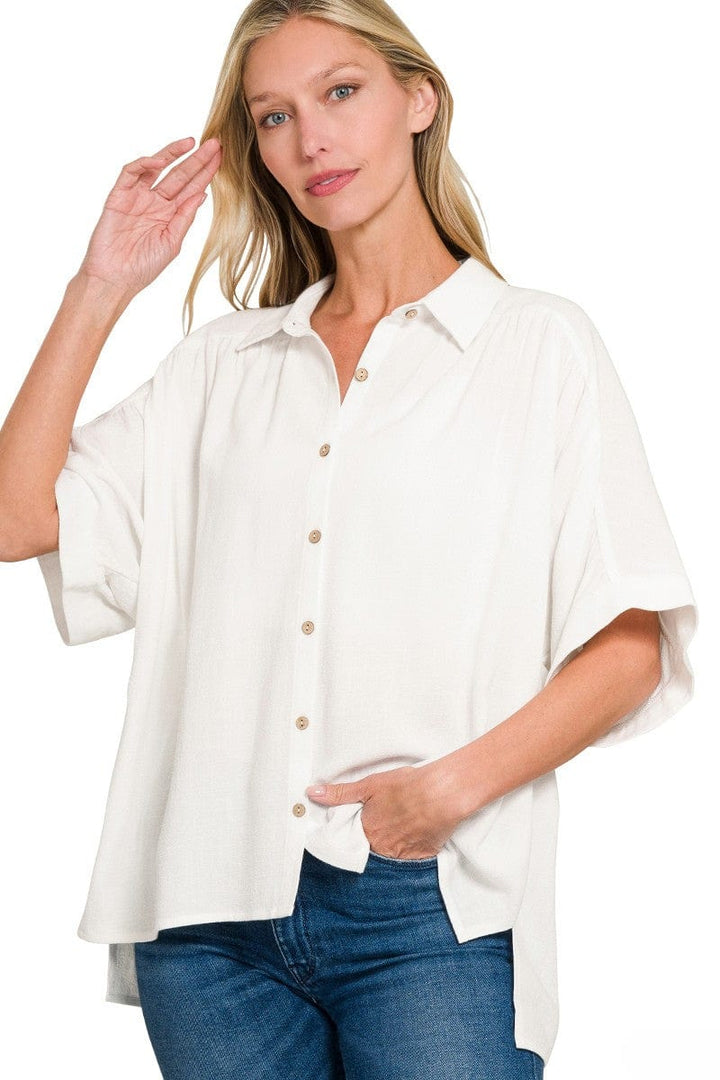 Zenana Linen Ruched Seam Cuffed Sleeve Button Down Top