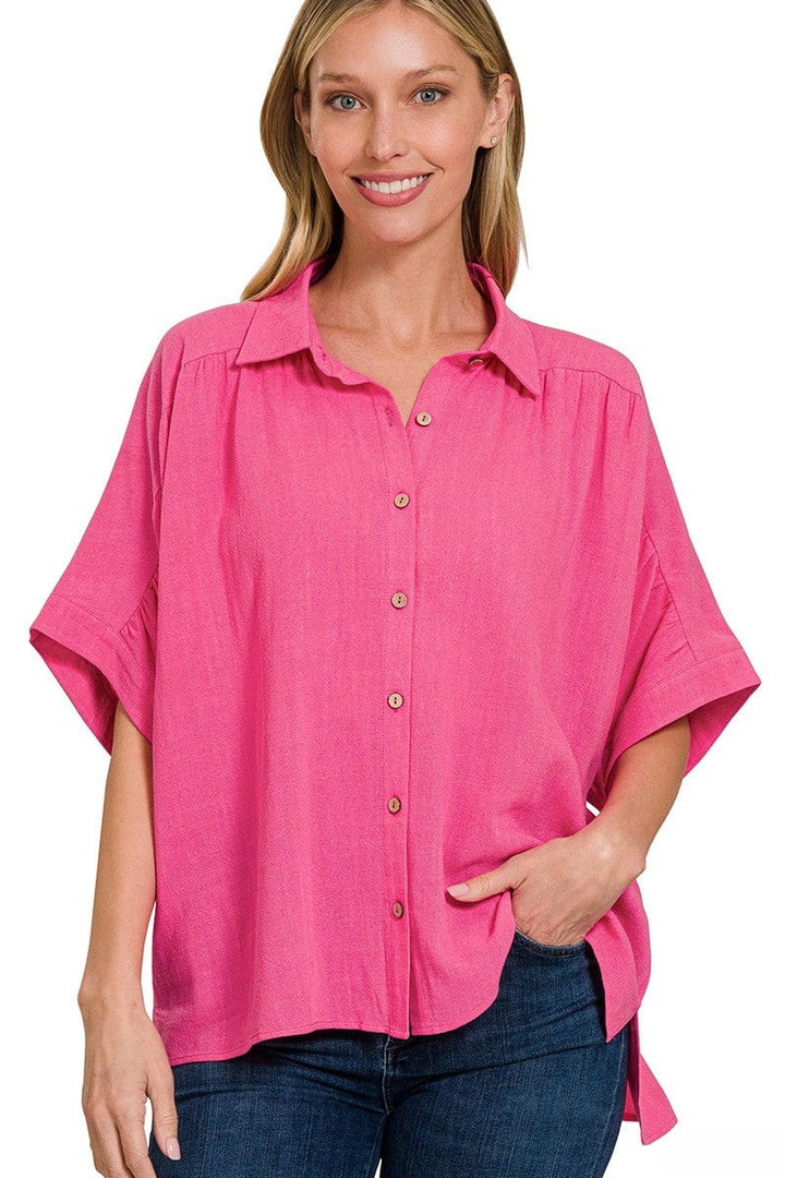 Zenana Linen Ruched Seam Cuffed Sleeve Button Down Top