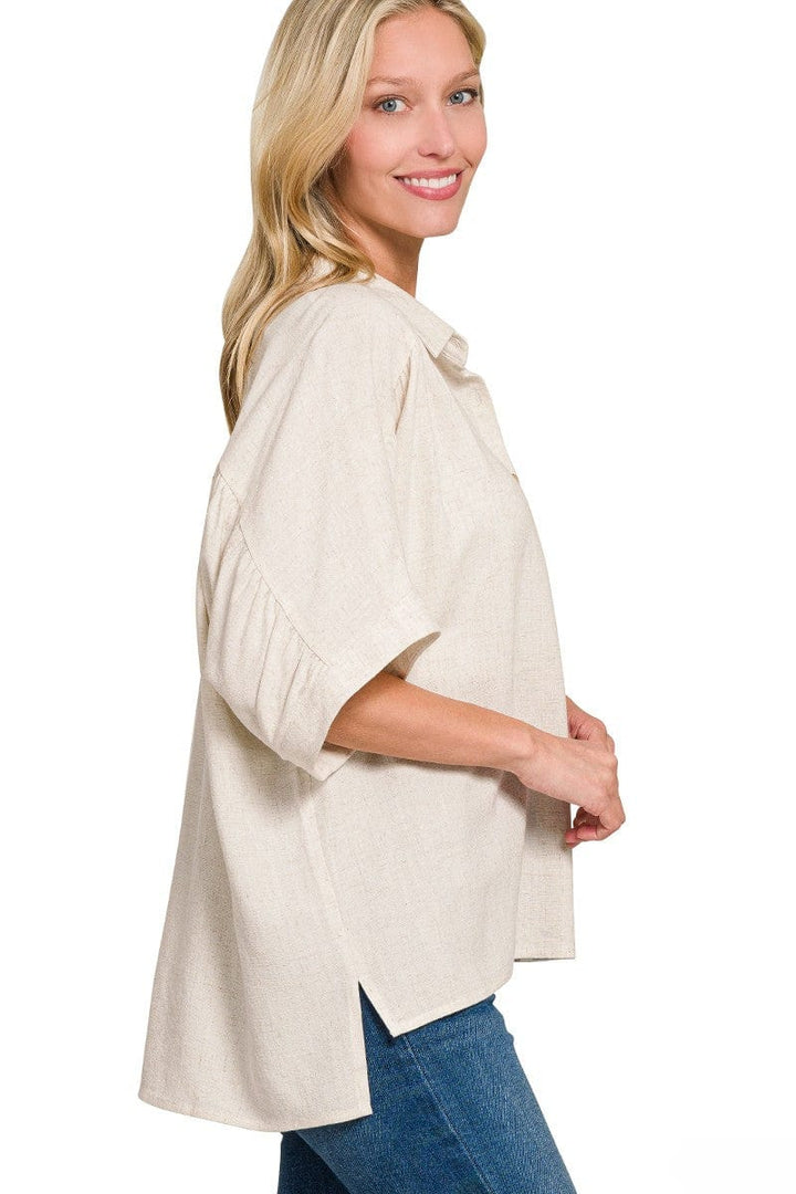 Zenana Linen Ruched Seam Cuffed Sleeve Button Down Top