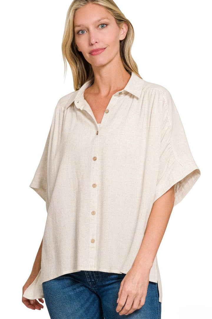 Zenana Linen Ruched Seam Cuffed Sleeve Button Down Top