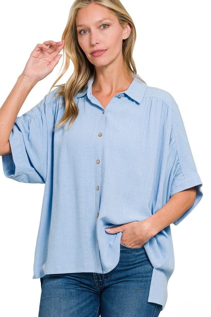 Zenana Linen Ruched Seam Cuffed Sleeve Button Down Top