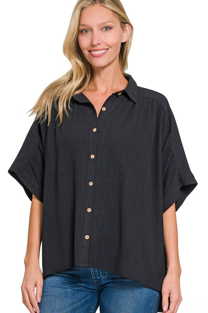 Zenana Linen Ruched Seam Cuffed Sleeve Button Down Top