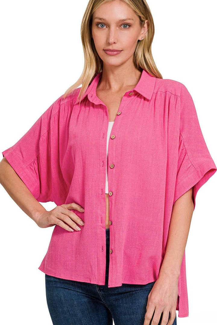 Zenana Linen Ruched Seam Cuffed Sleeve Button Down Top