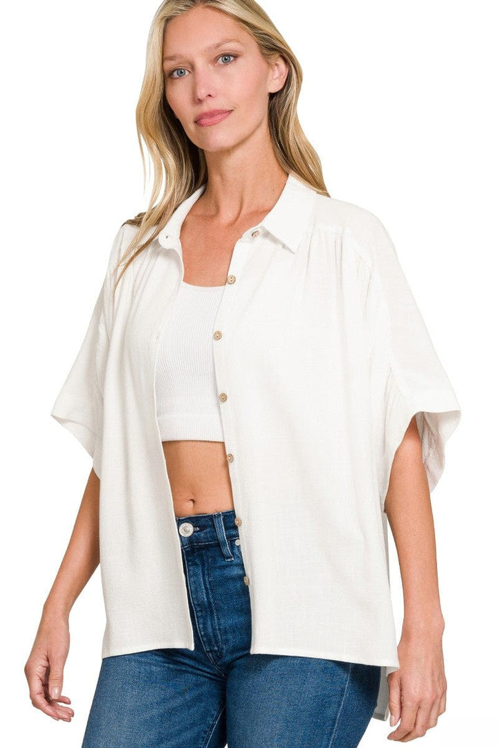 Zenana Linen Ruched Seam Cuffed Sleeve Button Down Top