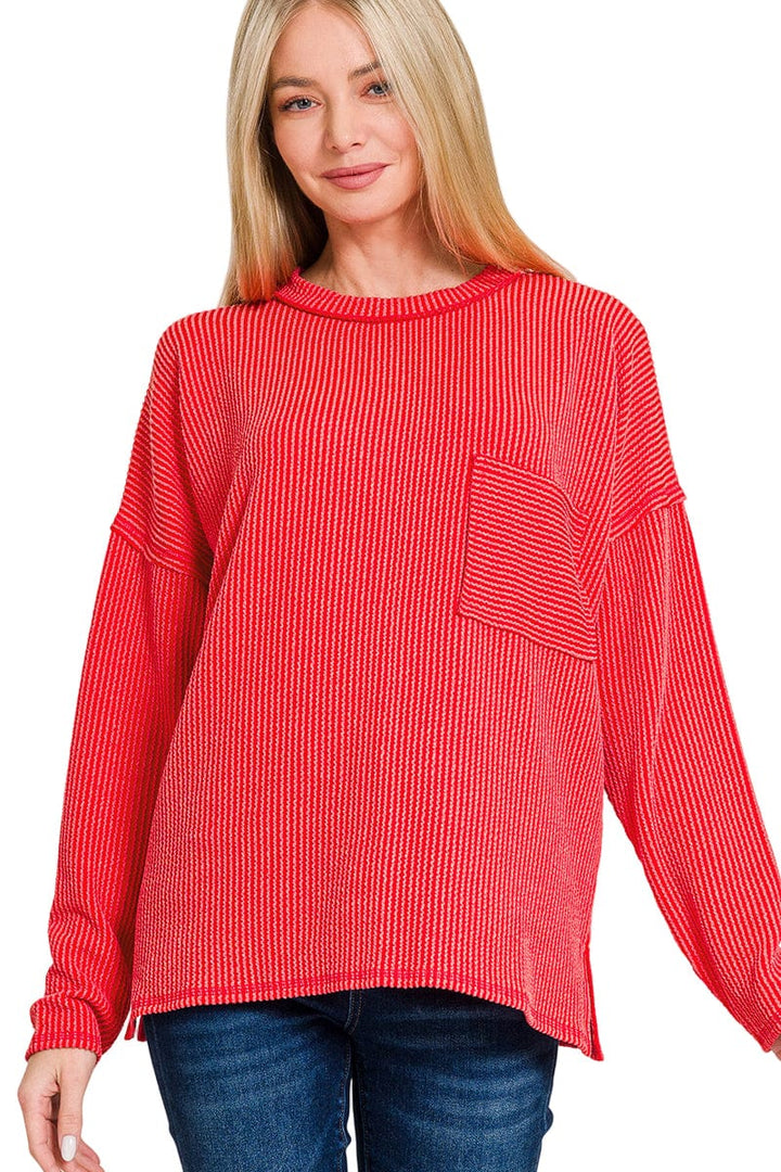 Zenana Long Sleeve Ribbed Front Pocket Top