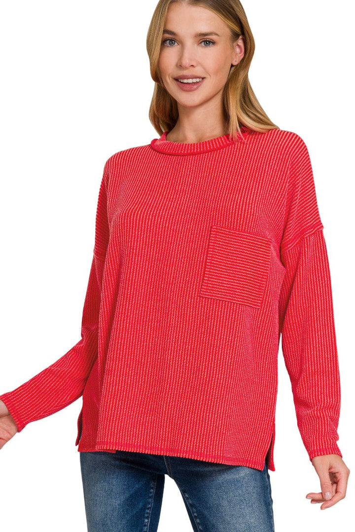 Zenana Long Sleeve Ribbed Front Pocket Top