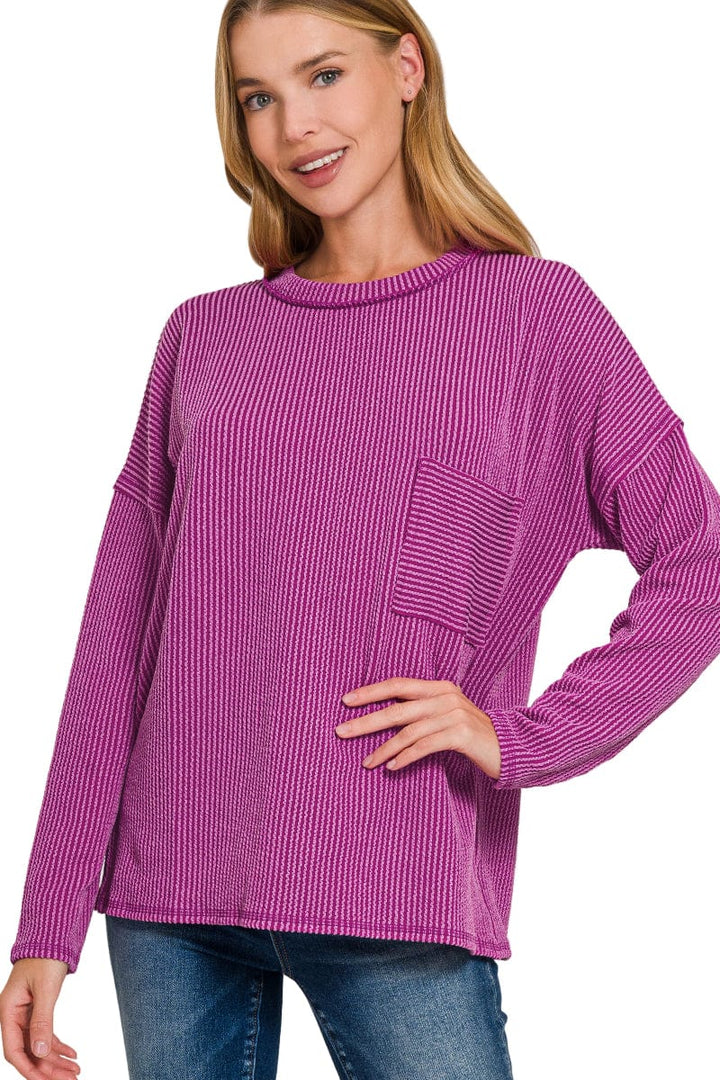 Zenana Long Sleeve Ribbed Front Pocket Top