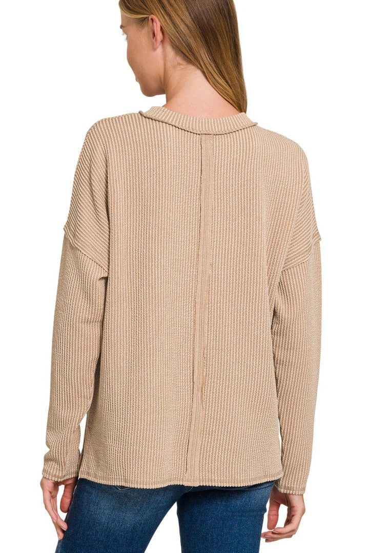 Zenana Long Sleeve Ribbed Front Pocket Top