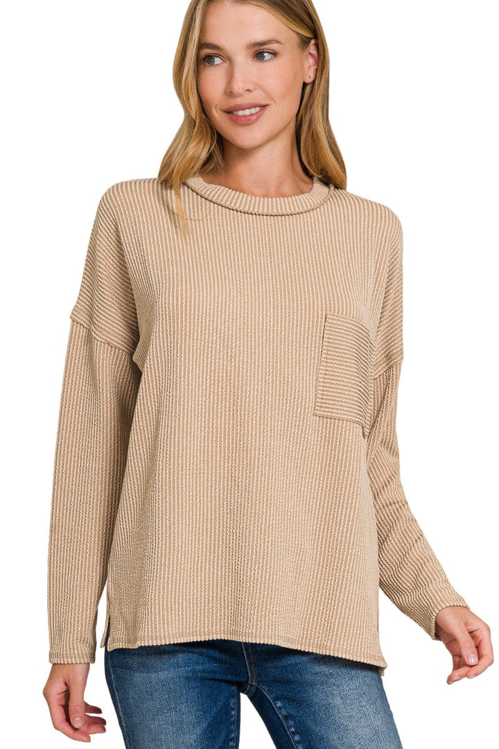 Zenana Long Sleeve Ribbed Front Pocket Top