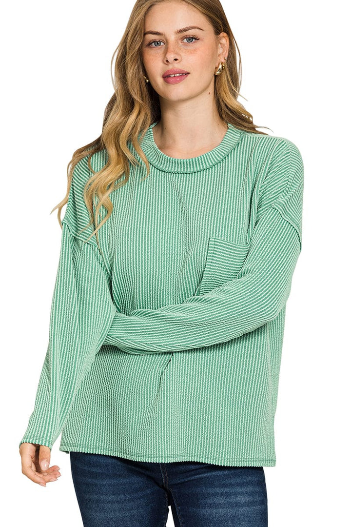 Zenana Long Sleeve Ribbed Front Pocket Top